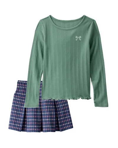 Girls 2-Piece Bow Embroidered Tee & Plaid Pleated Skort Set - Green/Navy