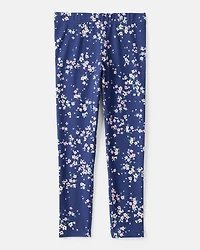 Girls Floral Cotton Pull-On Stretch Leggings - Navy
