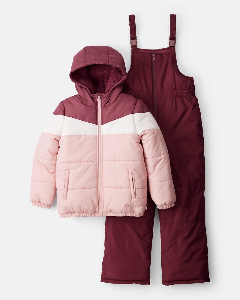 Girls 2-Piece Color Block Hooded Snowsuit Jacket & Bib Set - Pink/Red