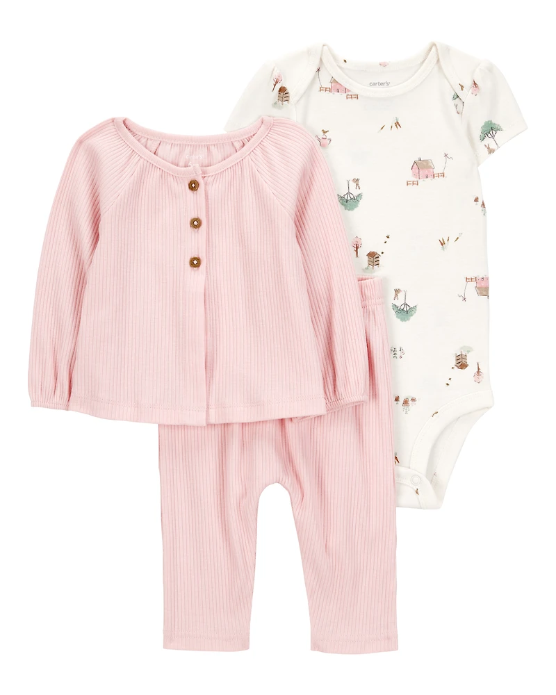 Baby 3-Piece Barn Print Little Cardigan Set - Pink/White