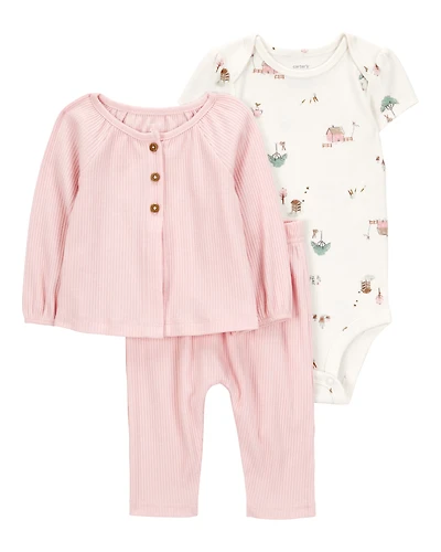 Baby 3-Piece Barn Print Little Cardigan Set - Pink/White