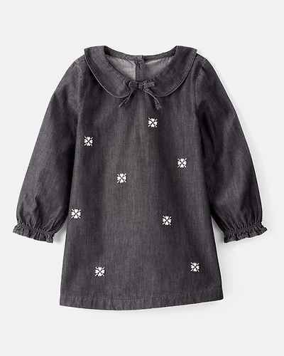 Toddler Girl Floral Motif Chambray Long-Sleeve Dress - Grey