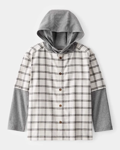 Boys Plaid Layered-Look Button-Down Hooded Tee