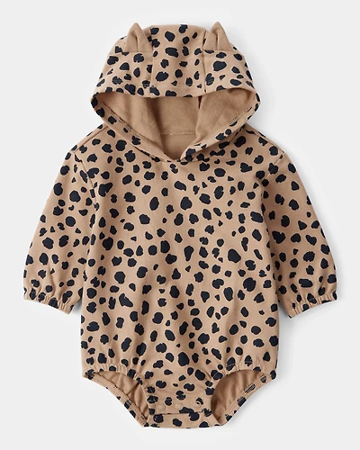 Baby Leopard Hooded Long-Sleeve Bubble Romper - Brown
