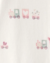 Baby Girl Train Print 100% Cotton Long-Sleeve Snug Fit Sleep & Play Pajamas - White