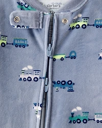 Baby Boy Train DreamPlush Long-Sleeve Snug Fit 1-Piece Pajamas - Blue/Grey