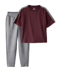 Boys 2-Piece Active Tee & Joggers Set - Burgundy/Grey