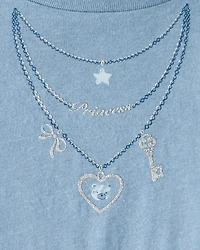 Girls Charm Necklace Long-Sleeve Graphic Tee - Blue