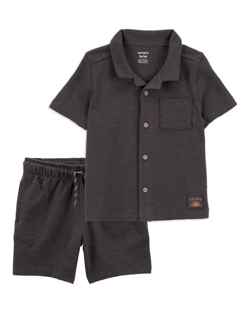 Baby 2-Piece Textured Button-Down Jacquard Shirt & Shorts Set - Brown/Black