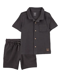 Baby 2-Piece Textured Button-Down Jacquard Shirt & Shorts Set - Brown/Black