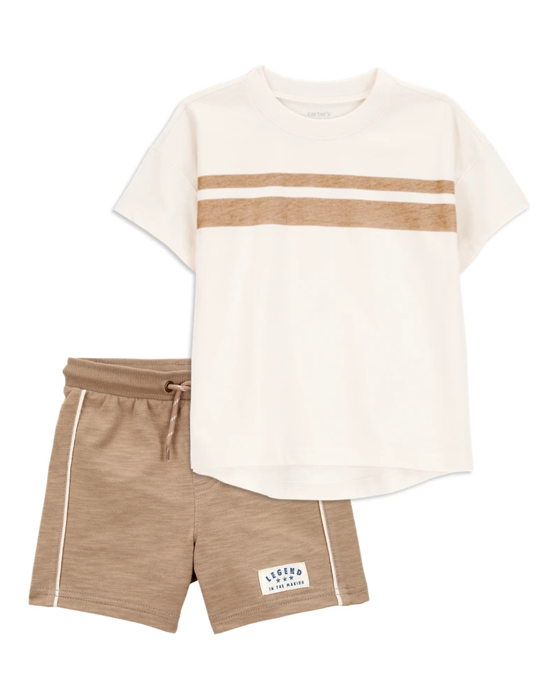 Toddler 2-Piece Striped Short-Sleeve Tee & Pull-On Shorts Set - Cream/Brown