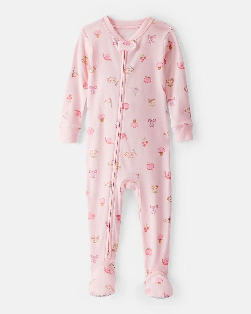 Baby Girl Paint Floral 100% Cotton Long-Sleeve 2-Way Zip 1-Piece Pajamas - Pink