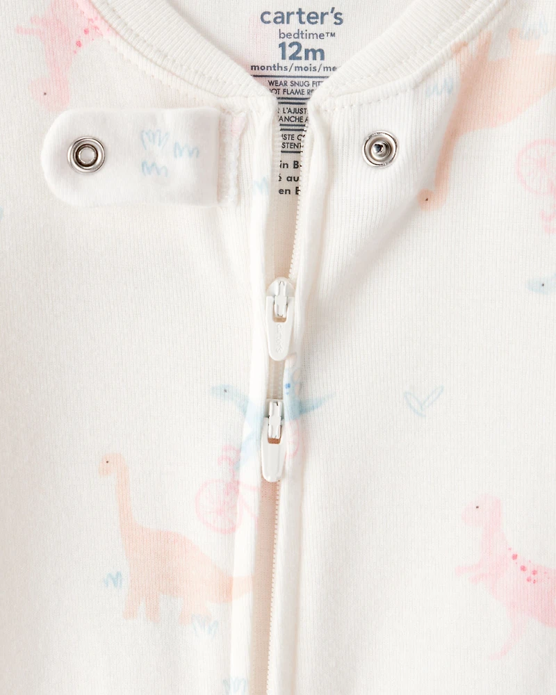 Baby Girl Dinosaur Print 100% Cotton Long-Sleeve 2-Way Zip 1-Piece Pajamas - White