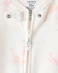 Baby Girl Dinosaur Print 100% Cotton Long-Sleeve 2-Way Zip 1-Piece Pajamas - White