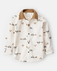 Toddler Boy Tractor Print Cotton Long-Sleeve Button Down Shirt - White