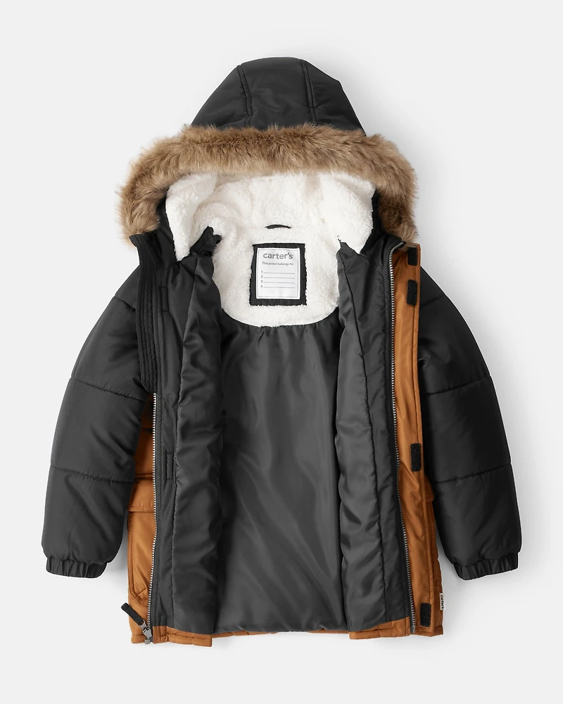 Boys 2-Piece Color Block Hooded Snowsuit Jacket & Bib Set - Brown/Black