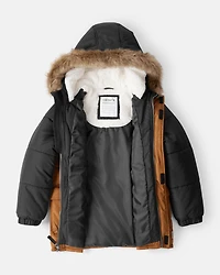 Boys 2-Piece Color Block Hooded Snowsuit Jacket & Bib Set - Brown/Black