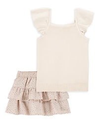 Toddler 2-Piece Flutter-Sleeve Rib Tank & Floral Ruffle Skort Set - Tan/White