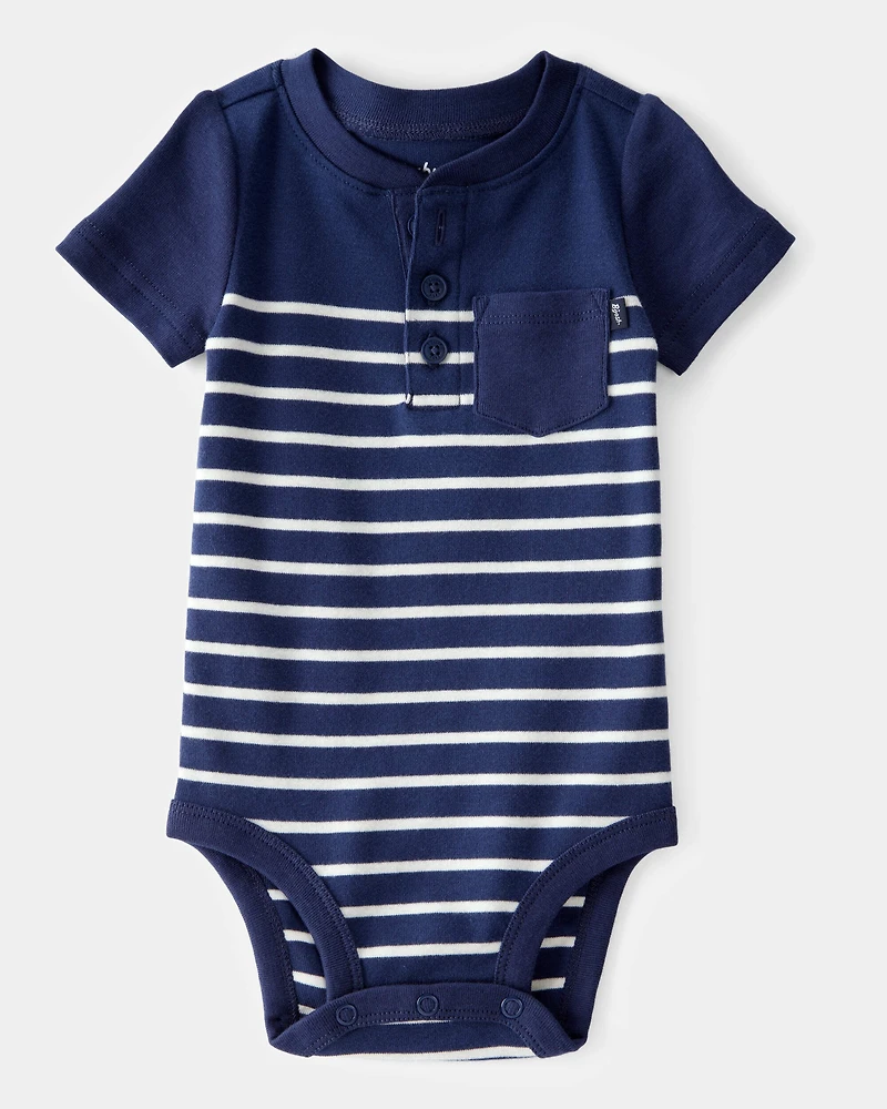 Baby Ribbed Striped Button Down  Short-Sleeve Bodysuit - Navy