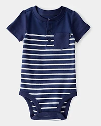 Baby Ribbed Striped Button Down  Short-Sleeve Bodysuit - Navy