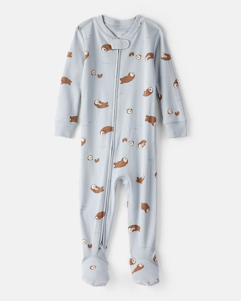 Baby Boy Otter 100% Cotton Snug Fit 2-Way Zip Footie 1-Piece Pajamas - Blue