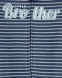 Baby Boy Striped Little Bro 2-Way Zip Cotton Sleep & Play Pajamas - Blue
