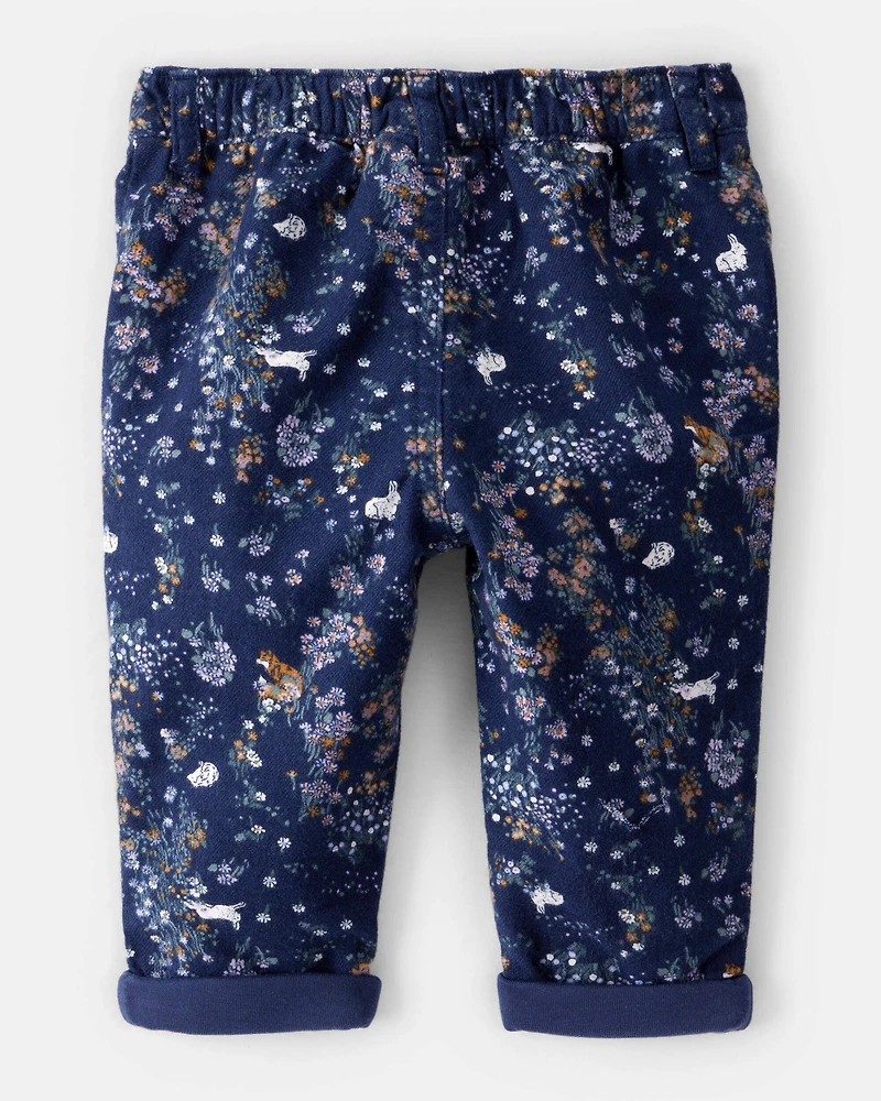 Baby Girl Floral Print Flannel Pants - Navy