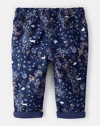 Baby Girl Floral Print Flannel Pants - Navy