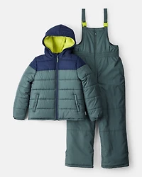 Boys 2-Piece Dinosaur Hooded Snowsuit Jacket & Bib Set - Green/Blue