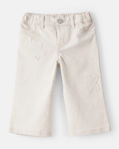 Baby Embroidered Stretch Denim Wide Leg Jeans - Cream