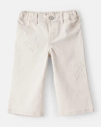 Baby Embroidered Stretch Denim Wide Leg Jeans - Cream