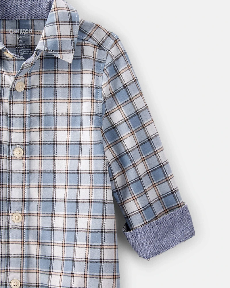 Baby Boy Plaid Cotton Long-Sleeve Button-Down Fashion Bodysuit - Blue