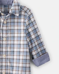 Baby Boy Plaid Cotton Long-Sleeve Button-Down Fashion Bodysuit - Blue