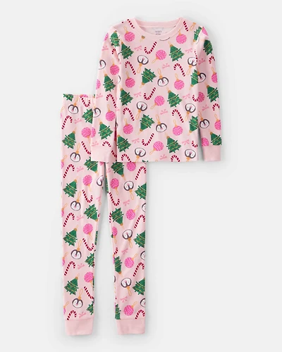 Kid Pink Ornaments 100% Cotton Long-Sleeve Snug Fit 2-Piece Pajamas - Pink