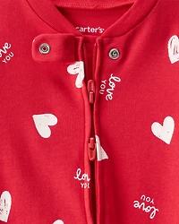 Baby Valentine's Day Heart 100% Cotton Snug Fit 2-Way Zip Sleep & Play Pajamas - Red