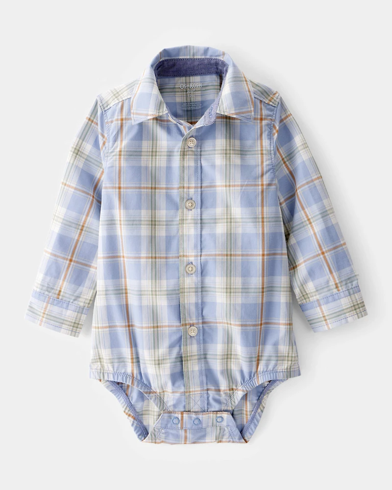 Baby Poplin Plaid Button-Front Long-Sleeve Bodysuit