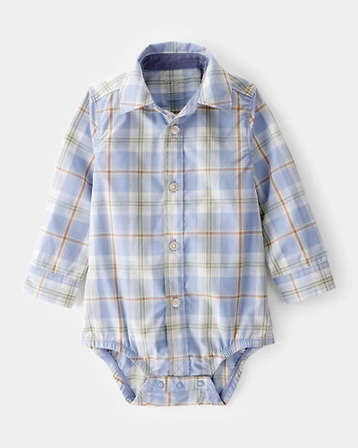 Baby Poplin Plaid Button-Front Long-Sleeve Bodysuit