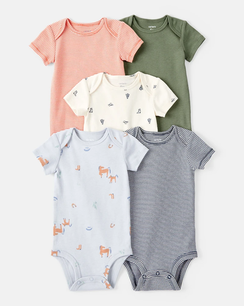 Baby Boy 5-Pack Cowboy Print Cotton Multipack Bodysuits - Blue/White/Orange/Green