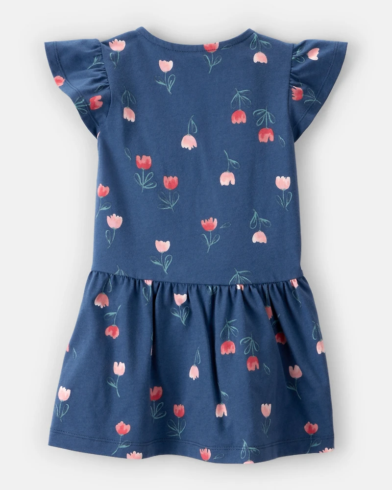 Toddler Floral Button-Front Flutter Sleeve Dress - Blue