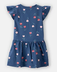 Toddler Floral Button-Front Flutter Sleeve Dress - Blue