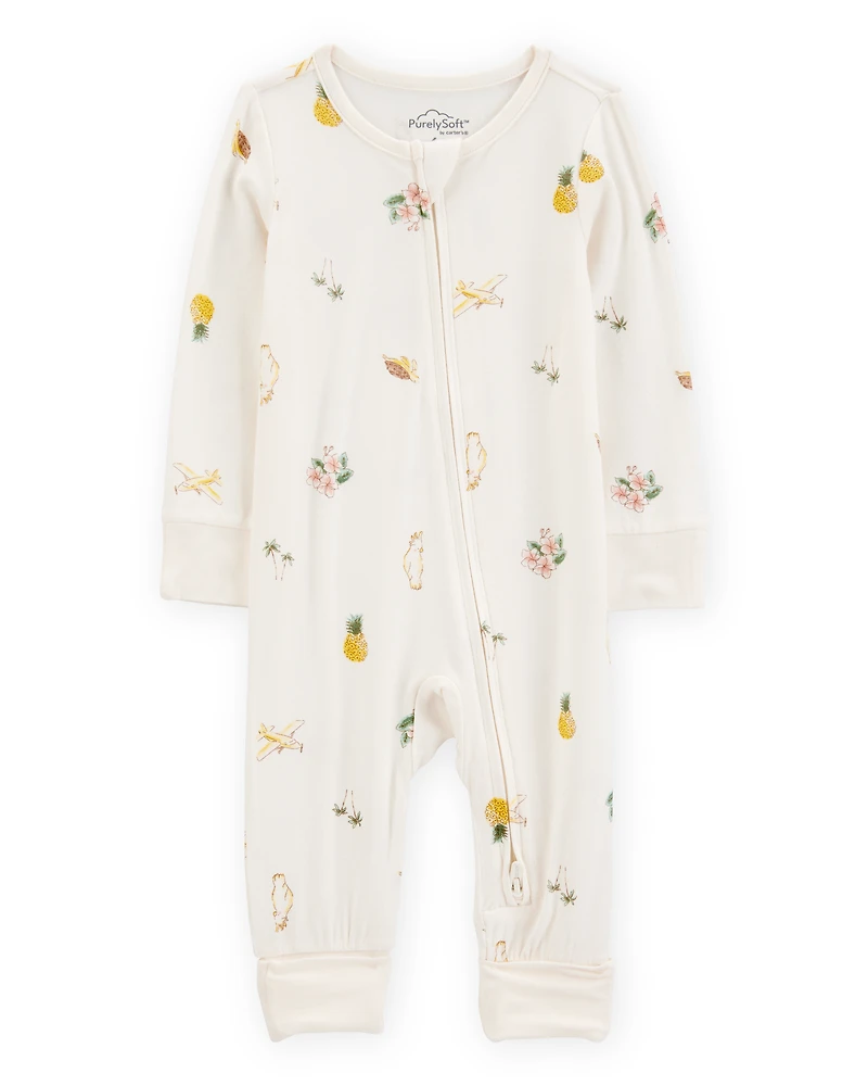Baby Girl Tropical Print 2-Way Zip PurelySoft Convertible Foot Sleep & Play Pajamas - Ivory
