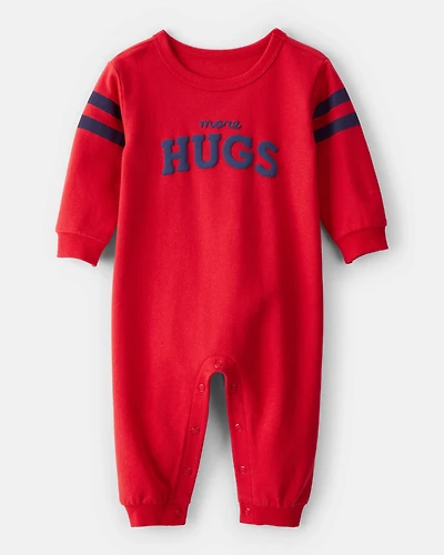 Baby Valentine's Day More Hugs French Terry Long-Sleeve Jumpsuit - Red