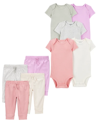 Baby 9-Piece Solid Short-Sleeve Bodysuits & Pull-On Pants Set