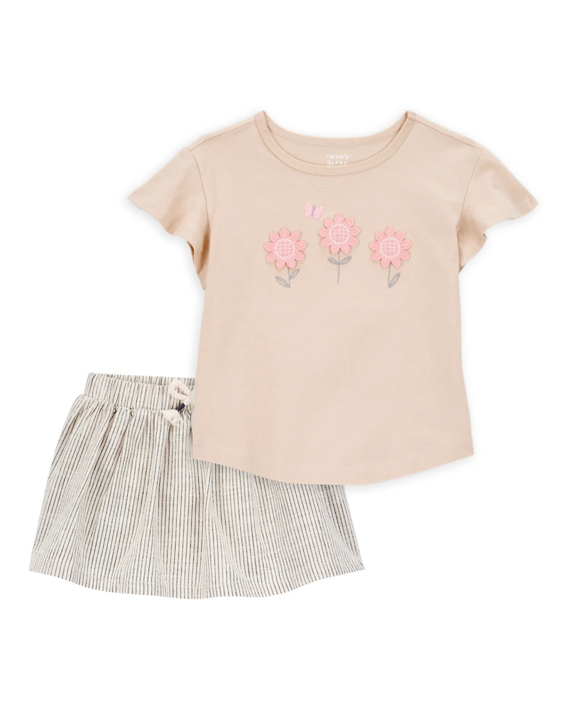 Baby 2-Piece Floral Short-Sleeve Top & Striped Skort Set - Tan/Black