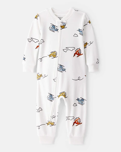 Baby Boy Helicopter Print DreamPlush Snug Fit Long-Sleeve 2-Way Zip 1-Piece Pajamas - White