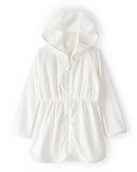 Toddler Girl Hooded Terry Cloth Swim Cover-Up Dress - White