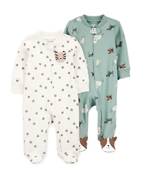 Baby 2-Pack  Cotton 2-Way Zip Sleep & Play Pajamas - Green/Ivory