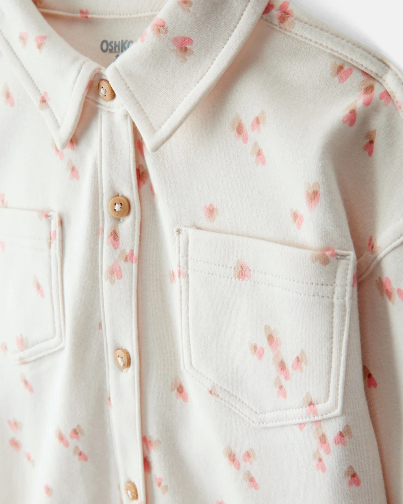 Baby Girl Heart Print Long-Sleeve Flannel Shirt - Cream