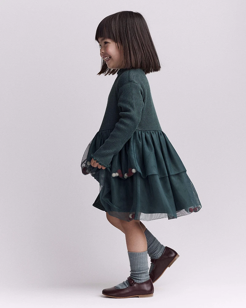Toddler Girl Tree Pom Pom Long-Sleeve Tutu Dress - Green