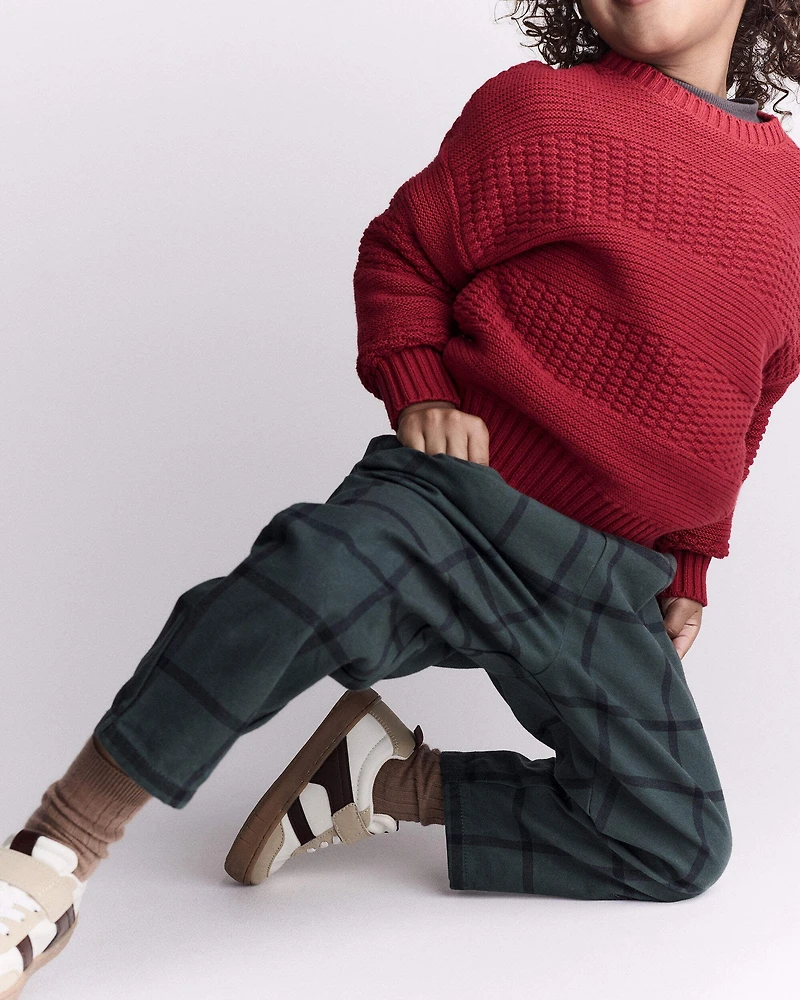 Toddler Boy Pull-On Pant in Plaid - Dark Green